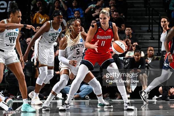 Elena Delle Donne of the Washington Mystics drives to the basket against the New York Liberty during the 2023 WNBA Playoffs on September 19, 2023 in...