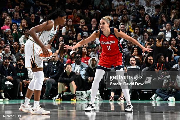 Elena Delle Donne of the Washington Mystics plays defense against the New York Liberty during the 2023 WNBA Playoffs on September 19, 2023 in...