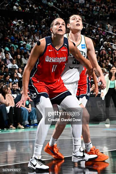 Elena Delle Donne of the Washington Mystics boxes out Breanna Stewart of the New York Liberty during the 2023 WNBA Playoffs on September 19, 2023 in...