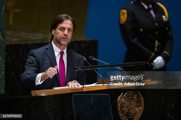 President Luis Lacalle Pou of Uruguay addresses the 78th session of the United Nations General Assembly at U.N. Headquarters on September 19, 2023 in...