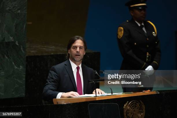 Luis Lacalle Pou, Uruguay's president, speaks during the United Nations General Assembly in New York, US, on Tuesday, Sept. 19, 2023. Global leaders...