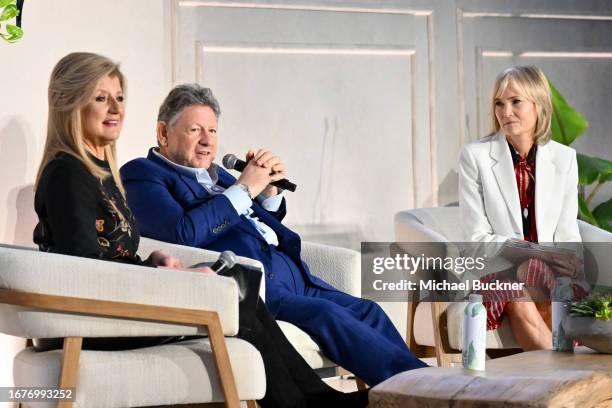 Arianna Huffington, Sir Lucian Grainge and Willow Bay at the Music + Health Summit presented by Universal Music Group and Thrive Global at 1 Hotel on...