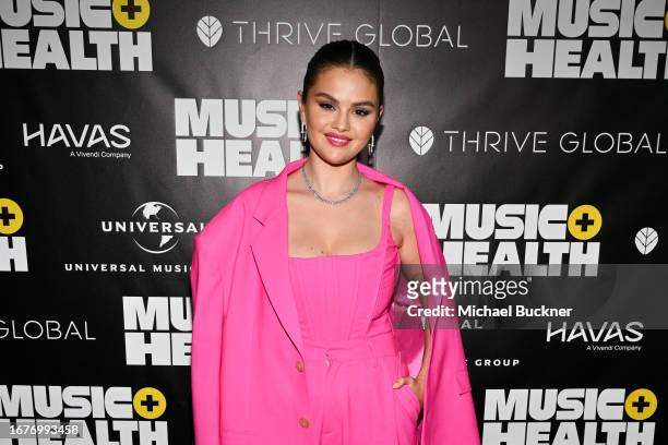 Selena Gomez at the Music + Health Summit presented by Universal Music Group and Thrive Global at 1 Hotel on September 19, 2023 in West Hollywood,...