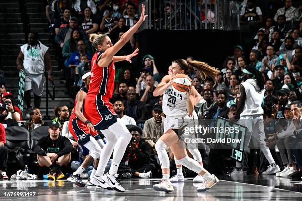 Elena Delle Donne of the Washington Mystics plays defense on Sabrina Ionescu of the New York Liberty during the 2023 WNBA Playoffs on September 19,...