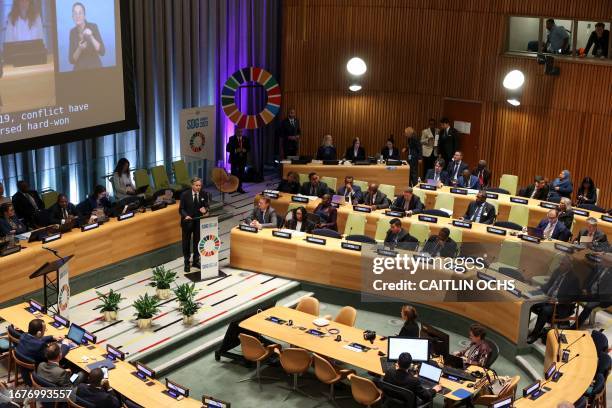 Secretary of State Antony Blinken speaks at the UN Sustainable Development Goals Summit at UN headquarters in New York City on September 19 during...