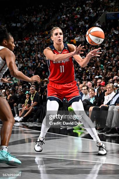 Elena Delle Donne of the Washington Mystics passes the ball against the New York Liberty during the 2023 WNBA Playoffs on September 19, 2023 in...