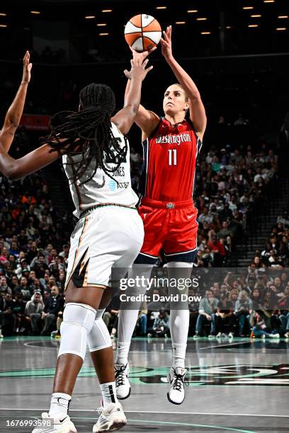 Elena Delle Donne of the Washington Mystics shoots the ball against the New York Liberty during the 2023 WNBA Playoffs on September 19, 2023 in...