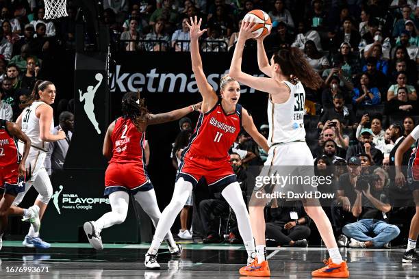 Elena Delle Donne of the Washington Mystics plays defense on Breanna Stewart of the New York Liberty during the 2023 WNBA Playoffs on September 19,...