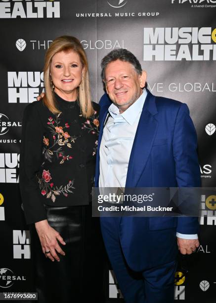 Arianna Huffington and Sir Lucian Grainge at the Music + Health Summit presented by Universal Music Group and Thrive Global at 1 Hotel on September...
