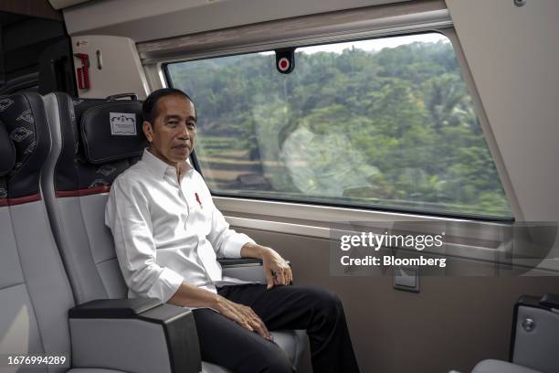 Joko Widodo, Indonesia's president, onboard a Jakarta-Bandung High-Speed Railway train near Padalarang Station, Bandung, Indonesia, on Tuesday, Sept....