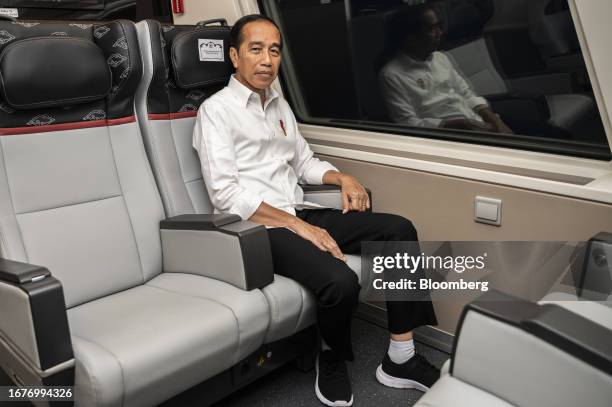 Joko Widodo, Indonesia's president, onboard a Jakarta-Bandung High-Speed Railway train near Padalarang Station, Bandung, Indonesia, on Tuesday, Sept....