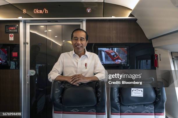 Joko Widodo, Indonesia's president, onboard a Jakarta-Bandung High-Speed Railway train near Padalarang Station, Bandung, Indonesia, on Tuesday, Sept....