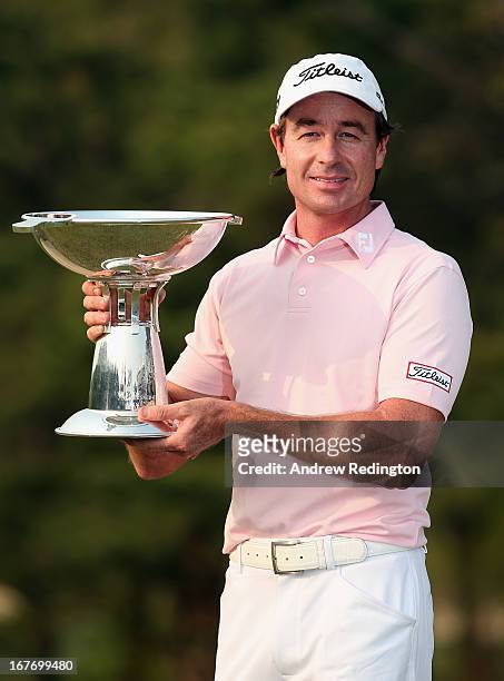 Brett Rumford of Australia poses with the trophy after winning the Ballantine's Championship at Blackstone Golf Club on April 28, 2013 in Icheon,...