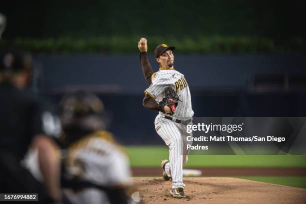 Blake Snell of the San Diego Padres pitches in the first inning against the Colorado Rockies on September 19, 2023 at Petco Park in San Diego,...