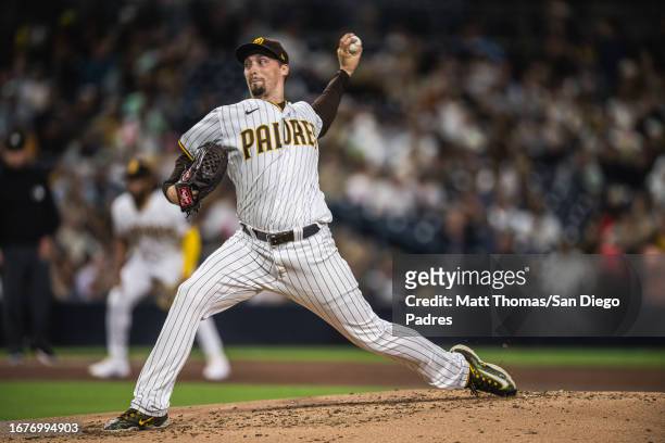 Blake Snell of the San Diego Padres pitches in the fourth inning against the Colorado Rockies on September 19, 2023 at Petco Park in San Diego,...