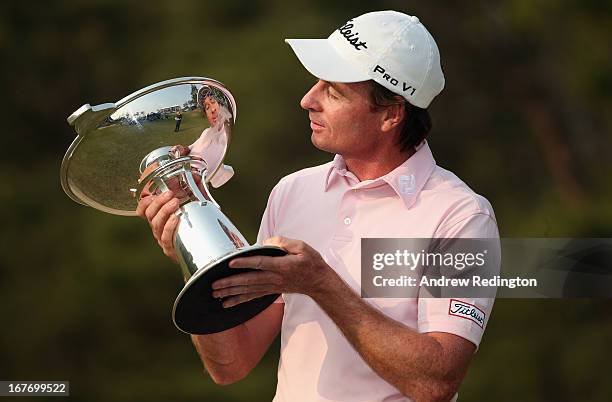 Brett Rumford of Australia poses with the trophy after winning the Ballantine's Championship at Blackstone Golf Club on April 28, 2013 in Icheon,...