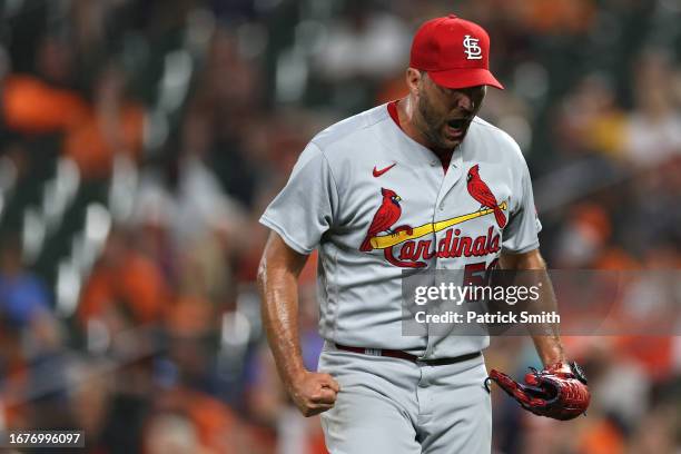 Starting pitcher Adam Wainwright of the St. Louis Cardinals celebrates the third out of the fourth inning against the Baltimore Orioles at Oriole...
