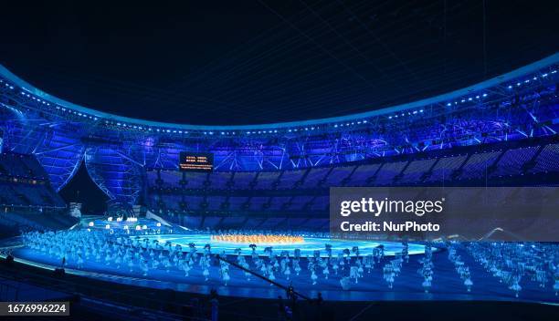 General view of the final full elements rehearsal for the opening ceremony of the 19th Asian Games in Hangzhou, Zhejiang province, China, Sept 18,...