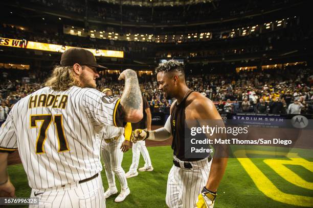 Xander Bogaerts of the San Diego Padres celebrates after hitting a walk-off home run in the ninth inning against the Colorado Rockies on September...
