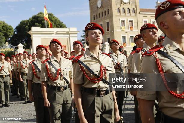 In this handout image provided by the Royal Household, Princess Leonor of Spain attends the 'Act of delivery of Sabers' at The General Military...