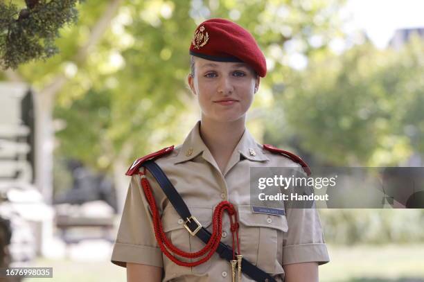 In this handout image provided by the Royal Household, Princess Leonor of Spain attends the 'Act of delivery of Sabers' at The General Military...