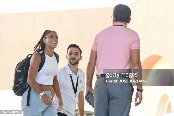 Spain's forward Cristina Martin-Prieto arrives at a hotel before a training session in Oliva near Valencia, on September 20, 2023 ahead of the UEFA...