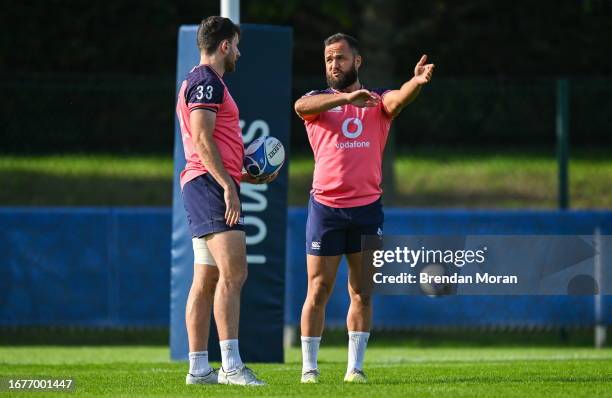 Indre-et-Loire , France - 20 September 2023; Jamison Gibson-Park, right, and Hugo Keenan during an Ireland rugby squad training session at Complexe...