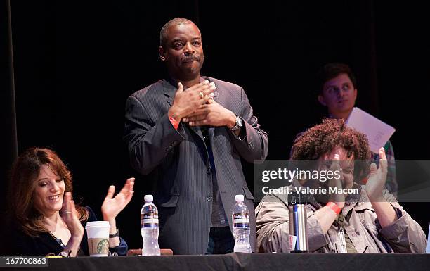 Marianne Williamson, LeVar Burton and Jerry Quickley attend Get Lit Presents The 2nd Annual Classic Slam at Orpheum Theatre on April 27, 2013 in Los...