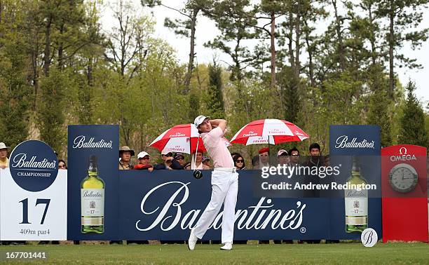 Brett Rumford of Australia in action during the final round of the Ballantine's Championship at Blackstone Golf Club on April 28, 2013 in Icheon,...