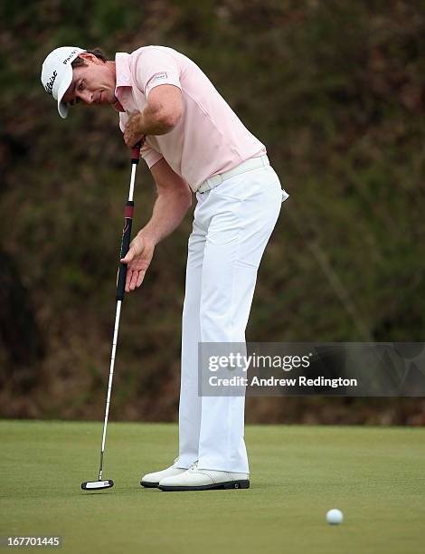 Brett Rumford of Australia in action during the final round of the Ballantine's Championship at Blackstone Golf Club on April 28, 2013 in Icheon,...