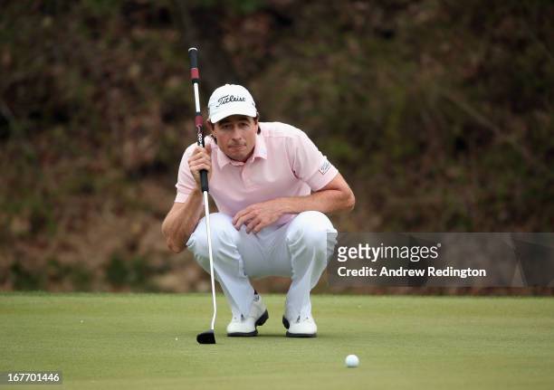 Brett Rumford of Australia in action during the final round of the Ballantine's Championship at Blackstone Golf Club on April 28, 2013 in Icheon,...