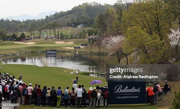 Louis Oosthuizen of South Africa in action during the final round of the Ballantine's Championship at Blackstone Golf Club on April 28, 2013 in...