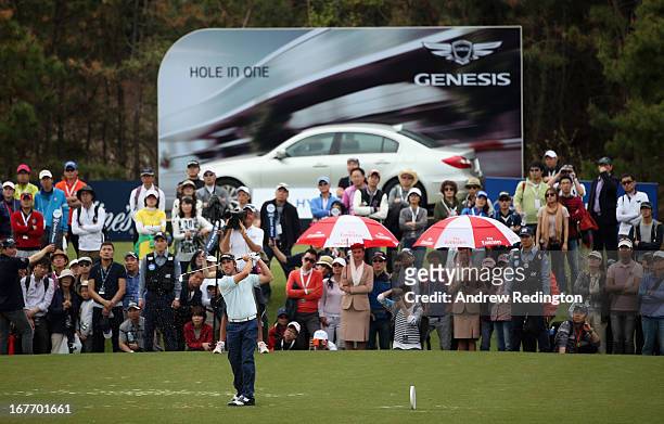 Romain Wattel of France in action during the final round of the Ballantine's Championship at Blackstone Golf Club on April 28, 2013 in Icheon, South...
