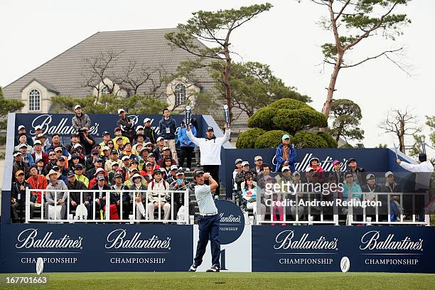 Romain Wattel of France in action during the final round of the Ballantine's Championship at Blackstone Golf Club on April 28, 2013 in Icheon, South...
