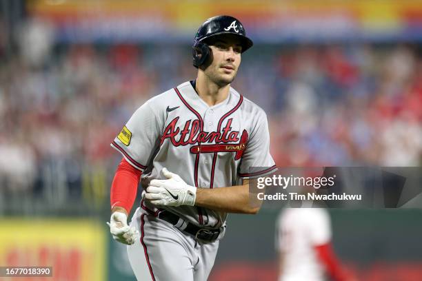 Matt Olson of the Atlanta Braves round bases after hitting a solo home run during the fourth inning against the Philadelphia Phillies at Citizens...
