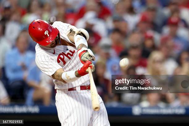 Nick Castellanos of the Philadelphia Phillies hits a solo home run during the second inning against the Atlanta Braves at Citizens Bank Park on...