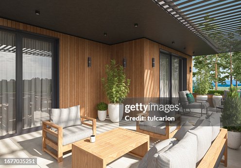 Modern Luxurious Villa balcony with green garden in pine forest