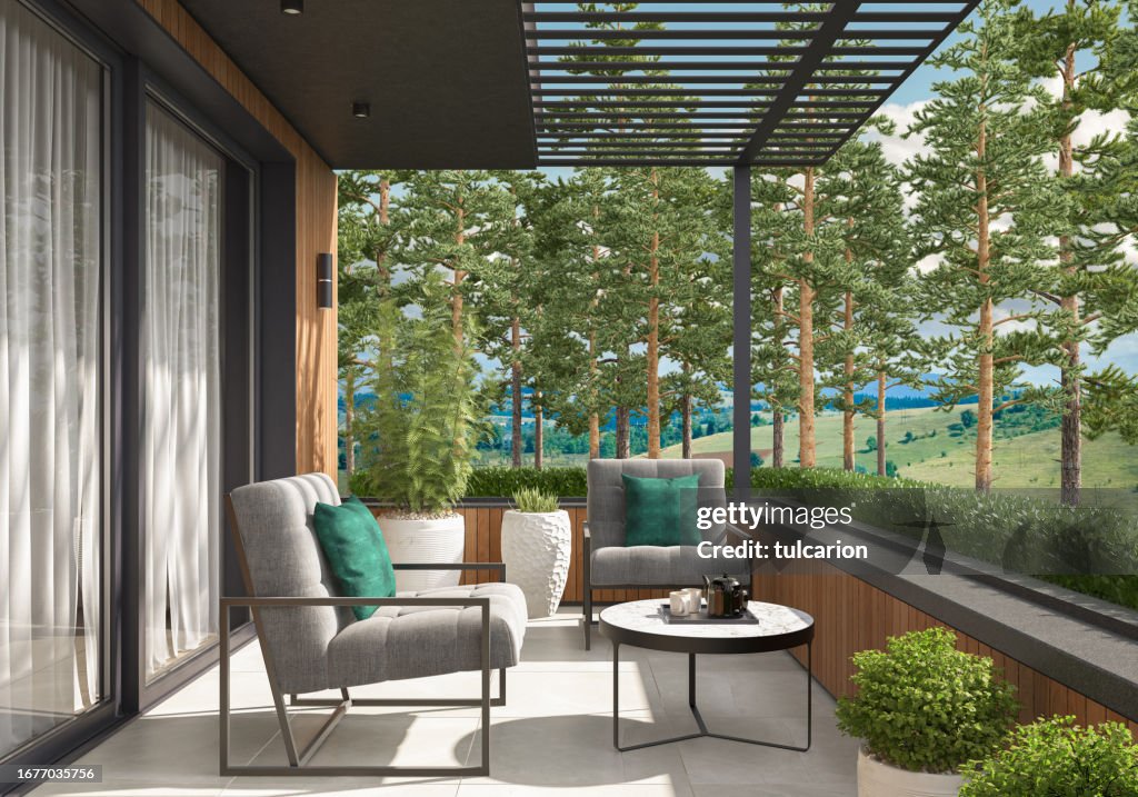 Modern Luxurious Villa Balcony With Green Garden In Pine Forest High ...