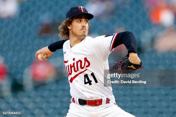 Joe Ryan of the Minnesota Twins delivers a pitch against the Tampa Bay Rays in the first inning at Target Field on September 12, 2023 in Minneapolis,...