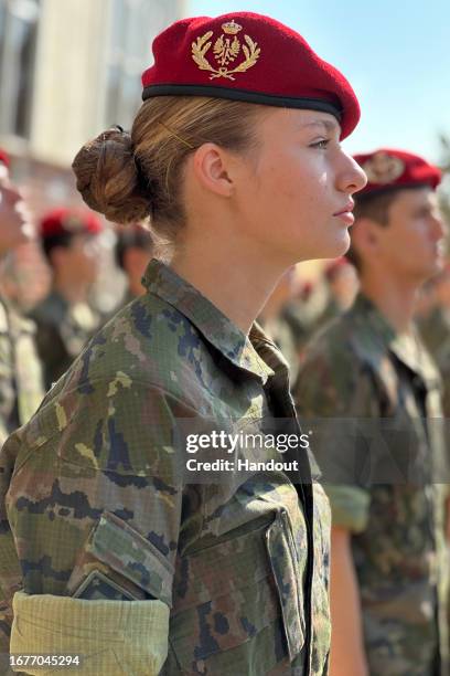 In this handout image provided by the Royal Household, Princess Leonor of Spain takes part in a military training course at the General Military...
