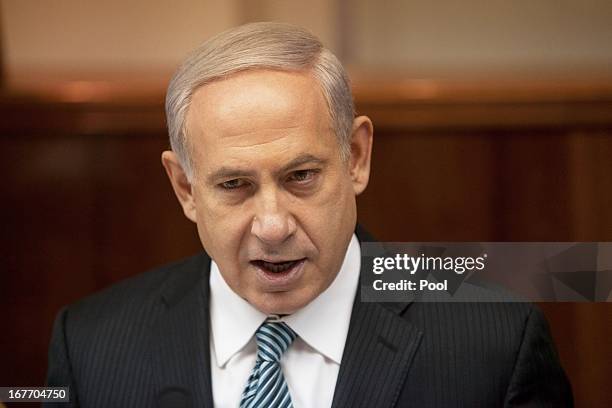 Israeli Prime Minister Benjamin Netanyahu attends the weekly cabinet meeting in his Jerusalem office on April 28, 2013 in Jerusalem, Israel.