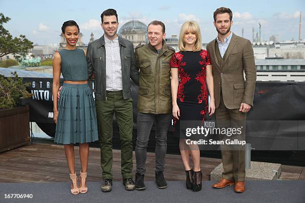 Actors Zoe Saldana, Zachary Quinto, Simon Pegg, Alice Eve and Chris Pine attend the 'Star Trek Into Darkness' Photocall at China Club on April 28,...