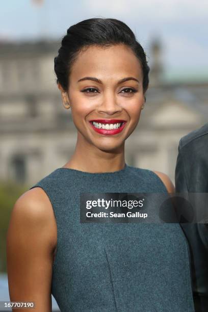 Actress Zoe Saldana attends the 'Star Trek Into Darkness' Photocall at China Club on April 28, 2013 in Berlin, Germany.
