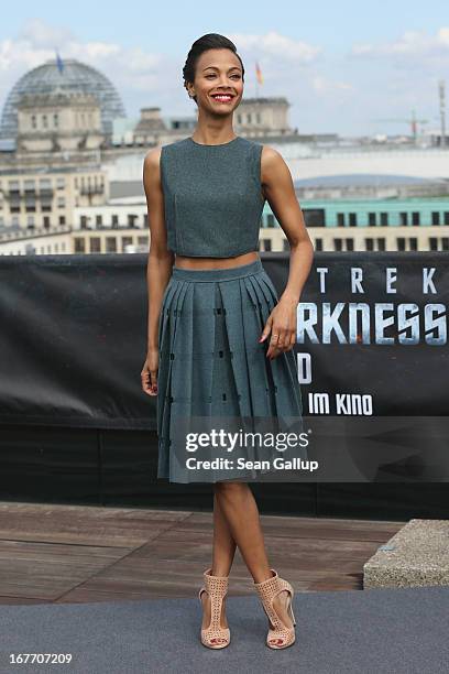 Actress Zoe Saldana attends the 'Star Trek Into Darkness' Photocall at China Club on April 28, 2013 in Berlin, Germany.