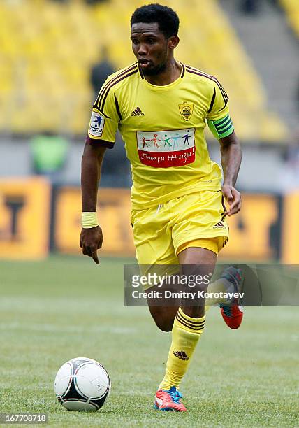 Samuel Eto'o of FC Anzhi Makhachkala in action during the Russian Premier League match between FC Spartak Moscow and FC Anzhi Makhachkala at the...