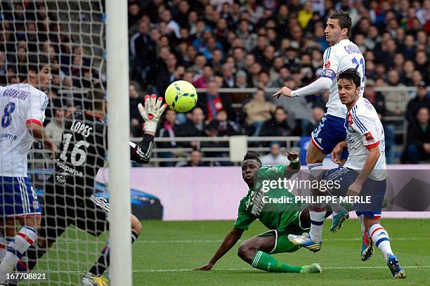 Saint-Etienne's French defender Kurt Zouma strikes to score a goal during the French L1 football match Lyon vs Saint-Etienne on April 28, 2013 at the...