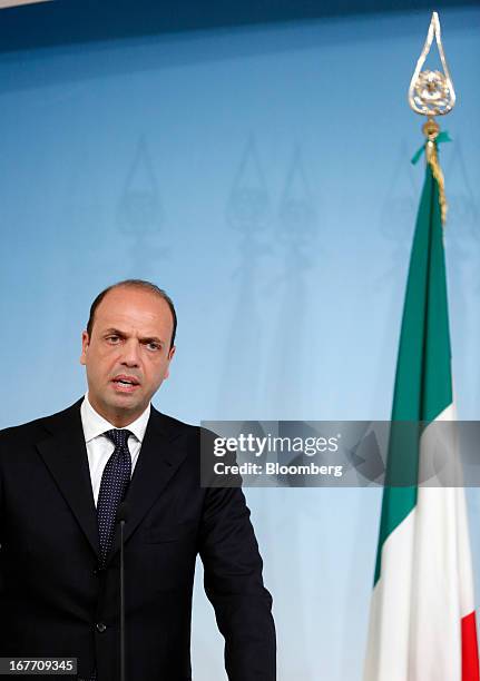 Angelino Alfano, Italy's interior minister, speaks during a news conference at the Chigi Palace in Rome, Italy, on Sunday, April 28, 2013. Two...