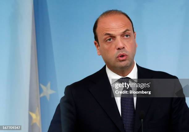 Angelino Alfano, Italy's interior minister, speaks during a news conference at the Chigi Palace in Rome, Italy, on Sunday, April 28, 2013. Two...