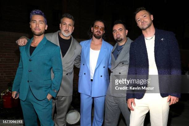 Lance Bass, Joey Fatone, JC Chasez, Chris Kirkpatrick and Justin Timberlake of NSYNC attend the 2023 MTV Video Music Awards at Prudential Center on...