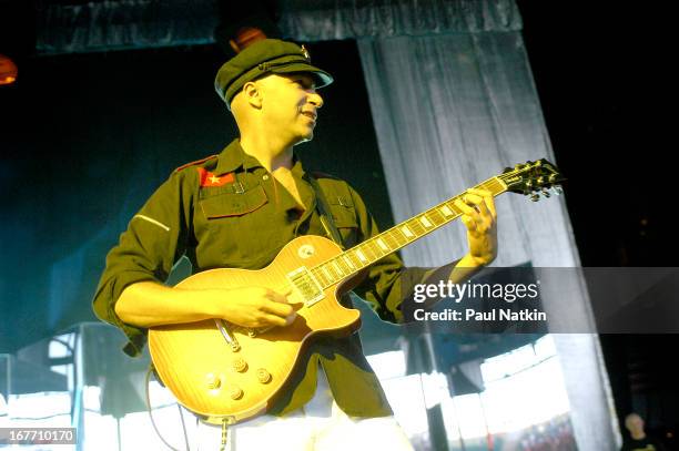 American rock band Audioslave performs on stage, Milwaukee, Wisconsin, July 11, 2003. Pictured is guitarist Tom Morello